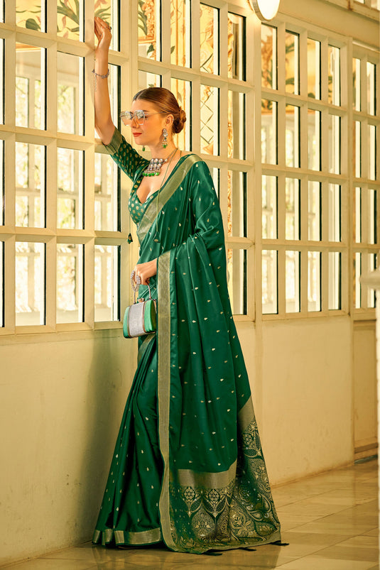 Weaving Work Attractive Function Wear Satin Silk Saree In Green Color