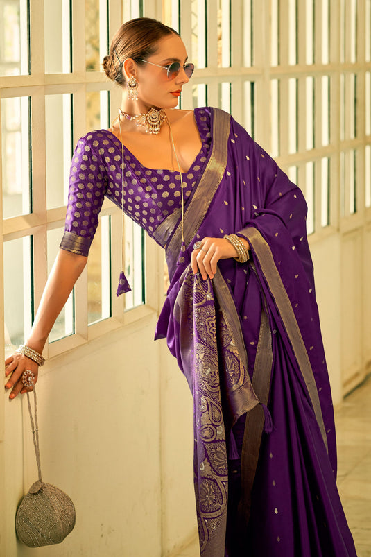 Alluring Purple Color Weaving Work Function Wear Satin Silk Saree