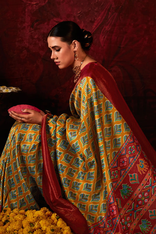 Mustard Color Glorious Patola Style Printed Silk Saree