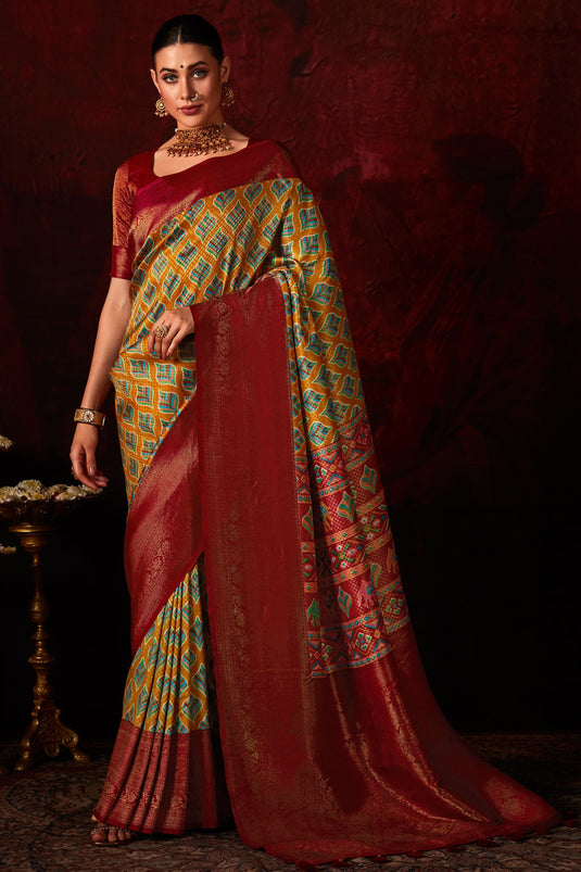 Mustard Color Glorious Patola Style Printed Silk Saree