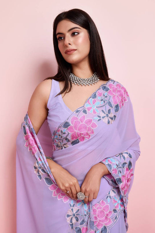 Lavender Embroidery Border Work Georgette Saree With Blouse