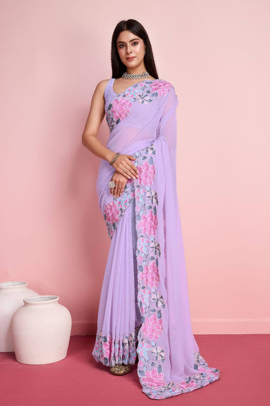 Lavender Embroidery Border Work Georgette Saree With Blouse