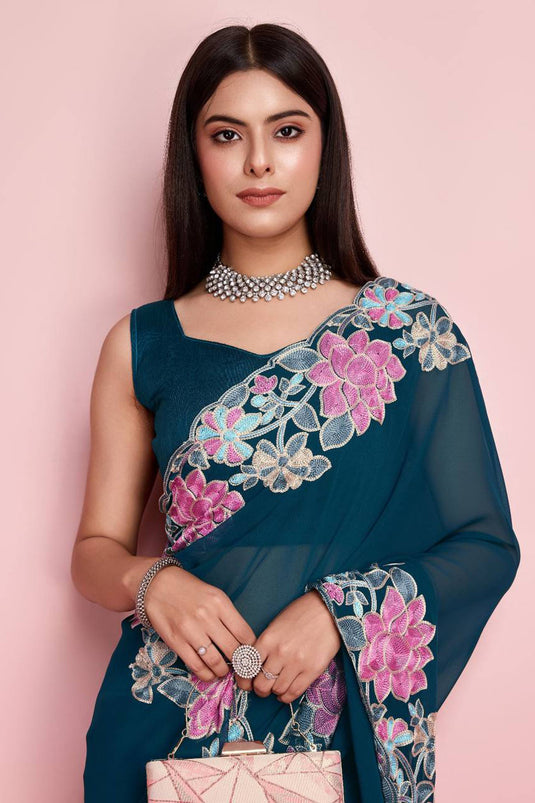 Teal Georgette Embroidery Border Work Saree With Blouse