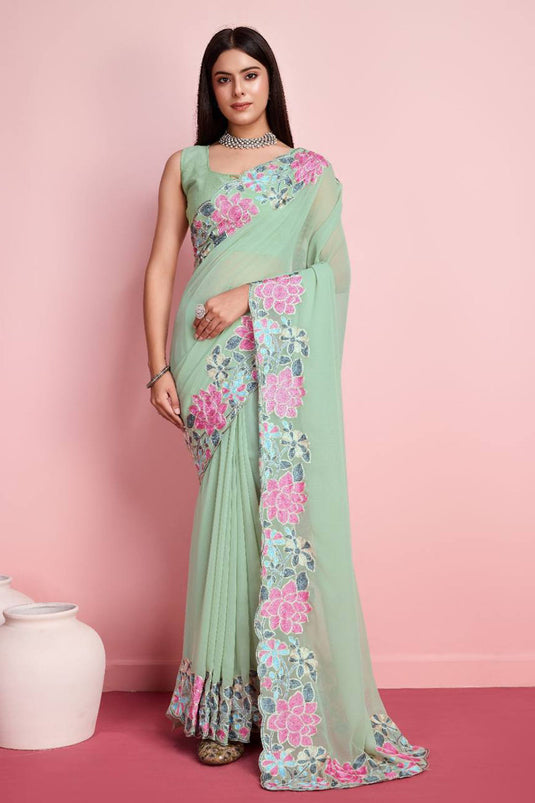 Embroidered Border Work Sea Green Georgette Saree With Pretty Blouse