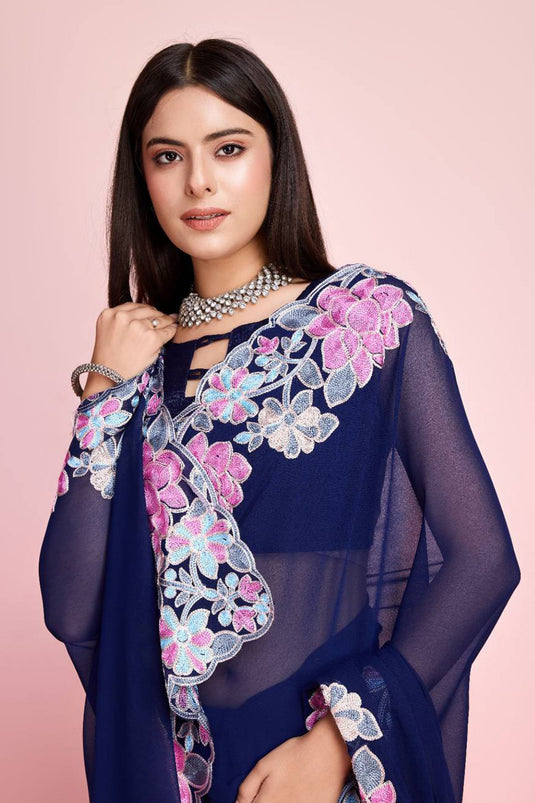 Georgette Blue Excellent Embroidered Border Work Saree With Blouse