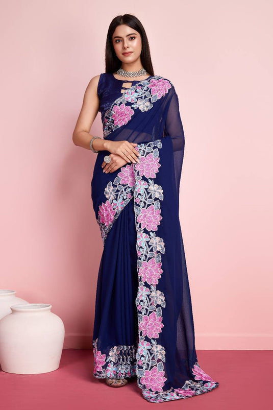 Georgette Blue Excellent Embroidered Border Work Saree With Blouse