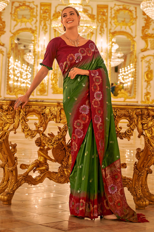 Weaving Work Olive Color Supreme Banarasi Silk Saree