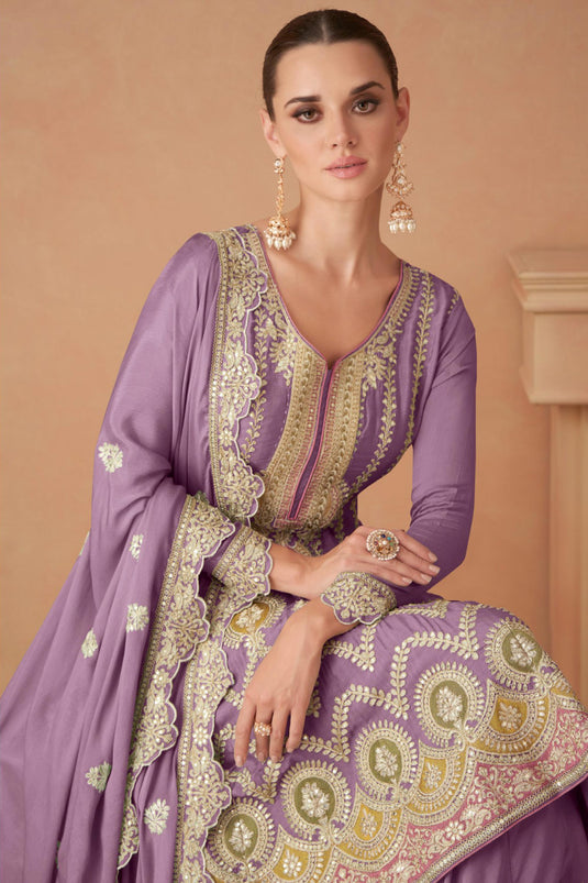 Eugeniya Belousova Lavender Color Chinon Fabric Glamorous Palazzo Suit