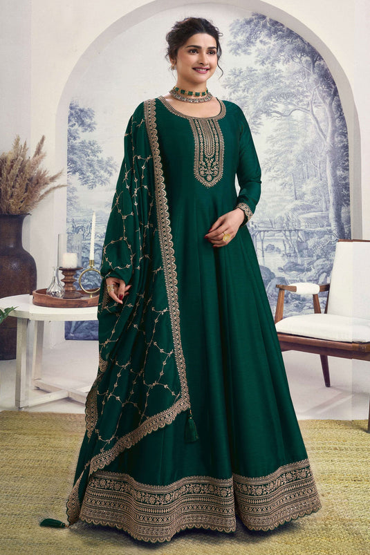 Prachi Desai Art Silk Fabric Dark Green Color Embroidered Winsome Anarkali Suit