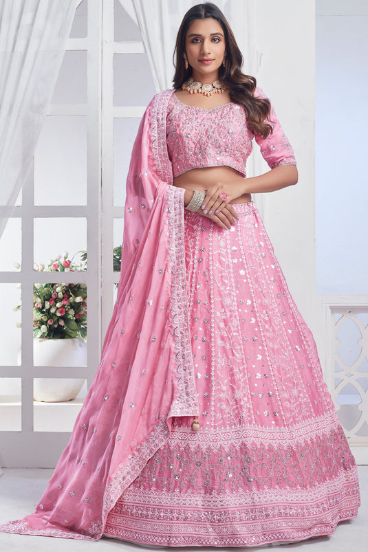 Glamorous Pink Color Sequins Work Chiffon Fabric Lehenga