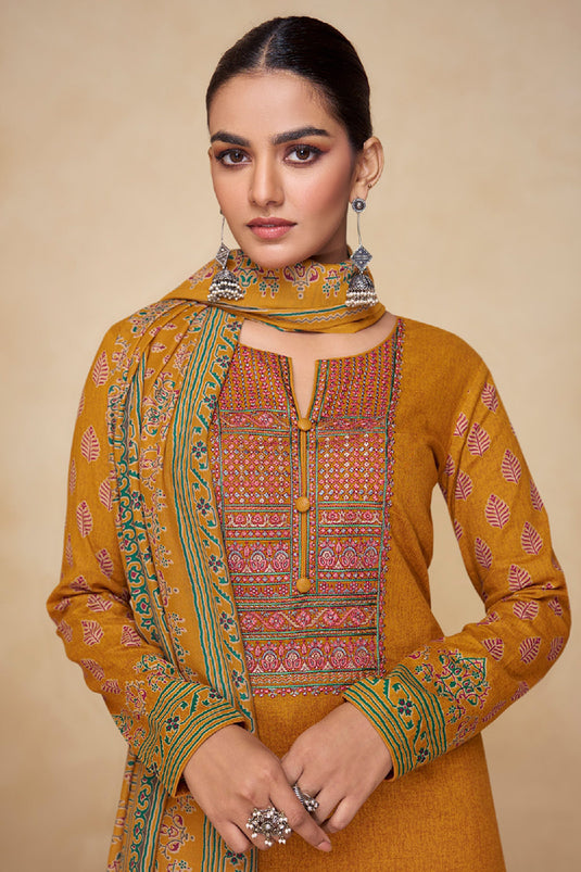 Fancy Cotton Fabric Mustard Color Casual Look Winsome Salwar Suit