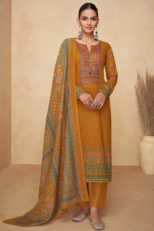 Fancy Cotton Fabric Mustard Color Casual Look Winsome Salwar Suit