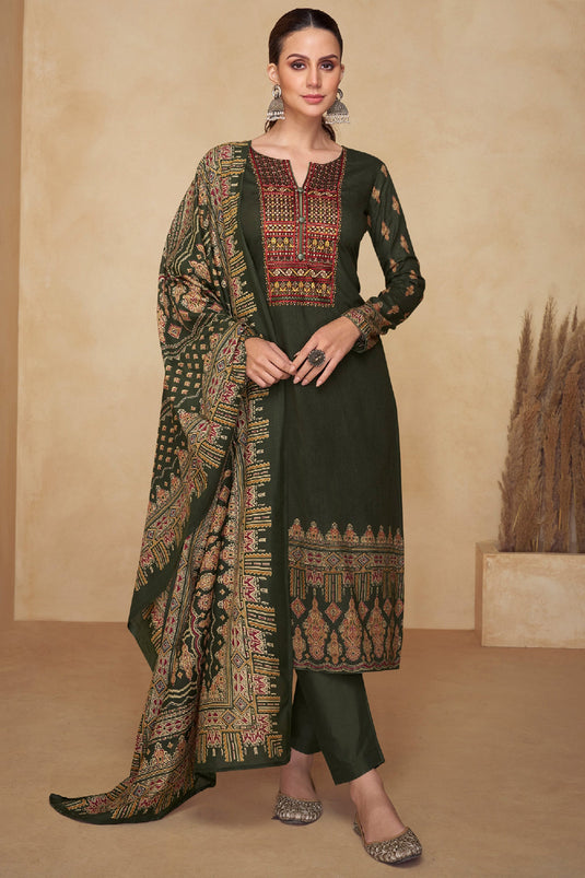Fancy Cotton Fabric Mehendi Green Color Casual Look Elegant Salwar Suit