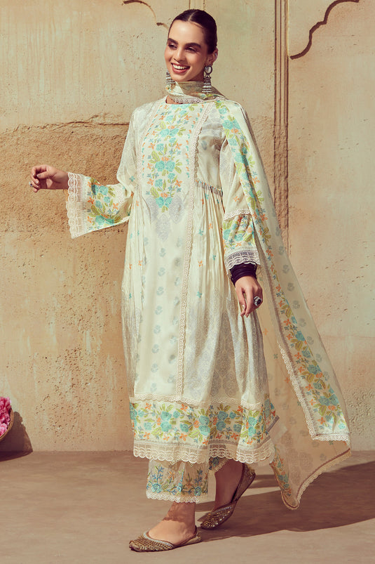 Beige Color Muslin Fabric Tempting Festive Look Salwar Suit