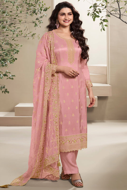 Prachi Desai Charming Pink Color Art Silk Fabric Embroidered Salwar Suit