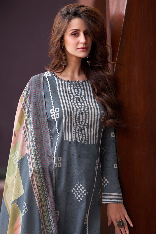 Incredible Fancy Cotton Fabric Grey Color Casual Salwar Suit