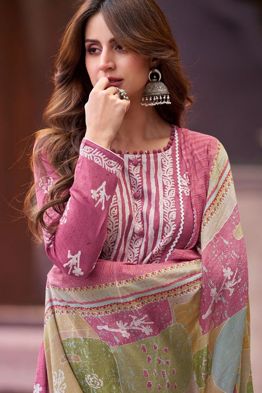 Tempting Fancy Cotton Fabric Pink Color Casual Salwar Suit