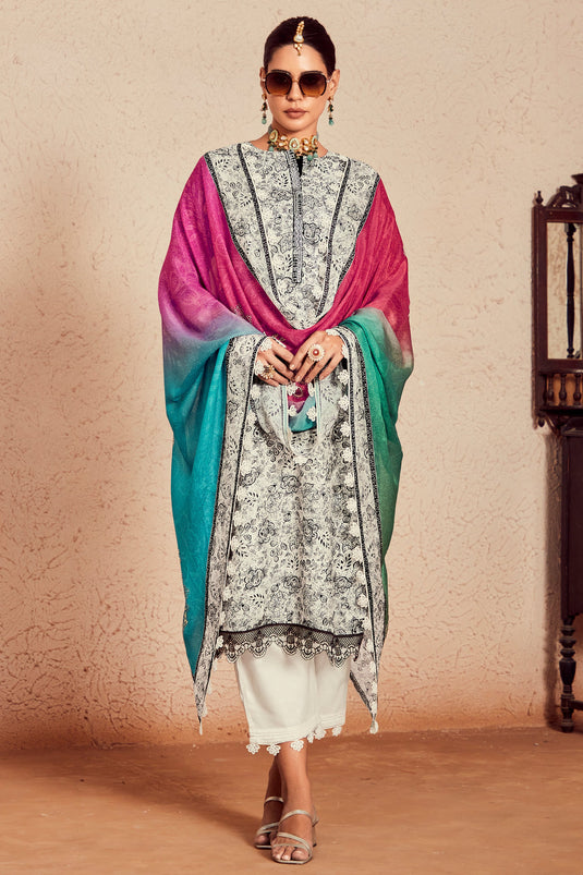 White Color Muslin Fabric Tempting Digital Printed Salwar Suit
