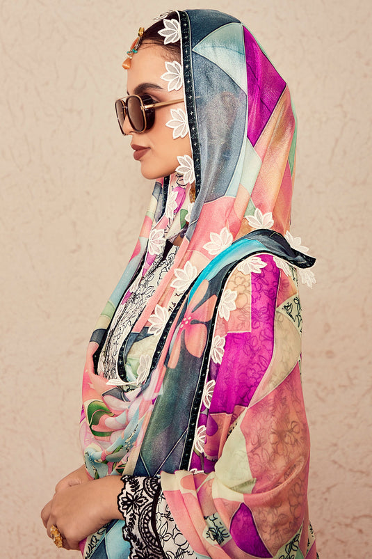 Beatific Muslin Fabric Digital Printed Salwar Suit In White Color