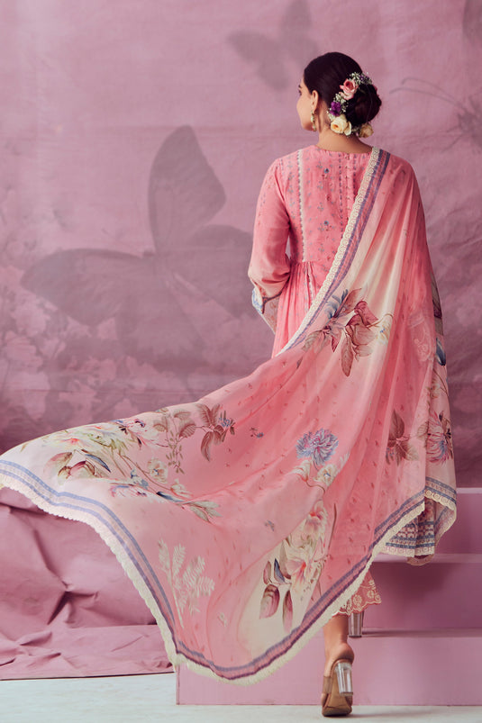 Fascinating Pink Color Muslin Fabric Embroidered Salwar Suit