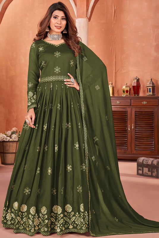 Elegant Mehendi Green Color Art Silk Anarkali Suit with Embroidered Work For Function