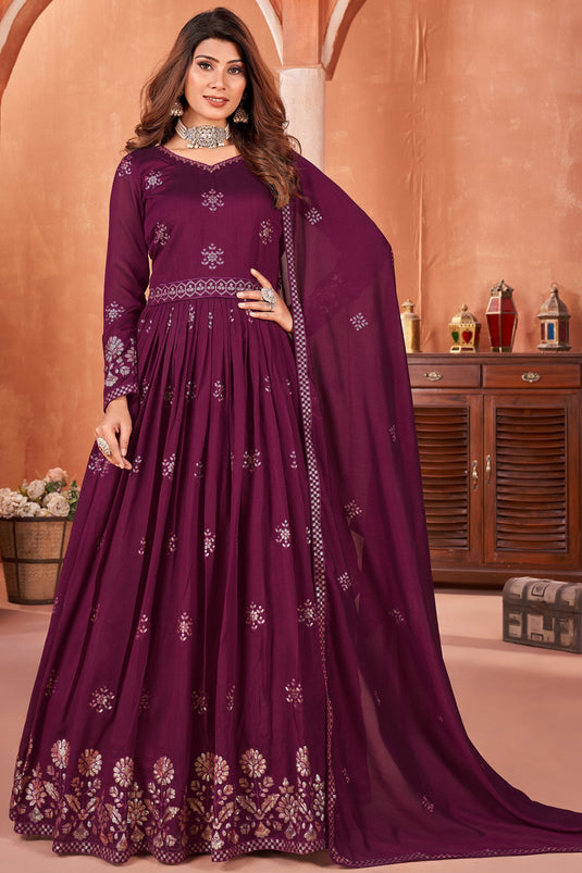 Gorgeous Art Silk Anarkali Suit For Function In Wine Color