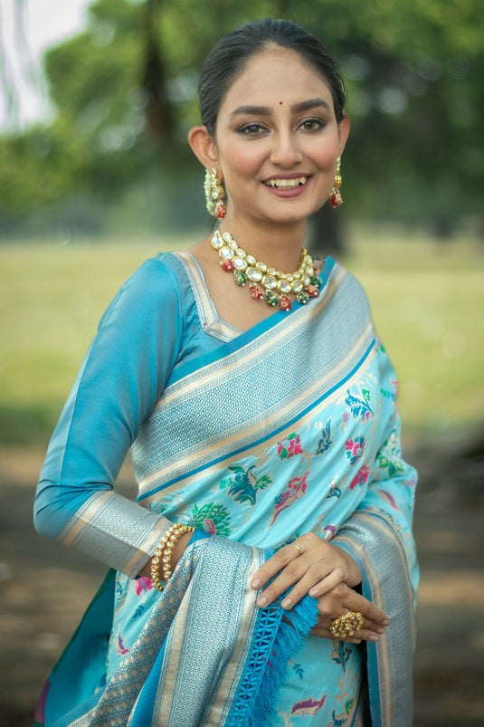 Festive Wear Banarasi Silk Sky Blue Weaving Work Reach Saree