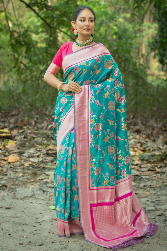 Cyan Banarasi Silk Weaving Work Reach Saree