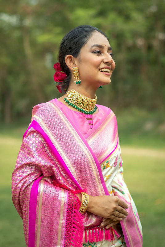 Off White Color Weaving Work Reach Designer Banarasi Silk Saree