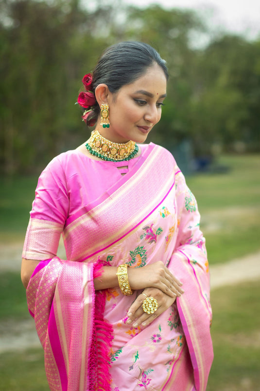 Pink Banarasi Silk Fancy Weaving Work Reach Saree