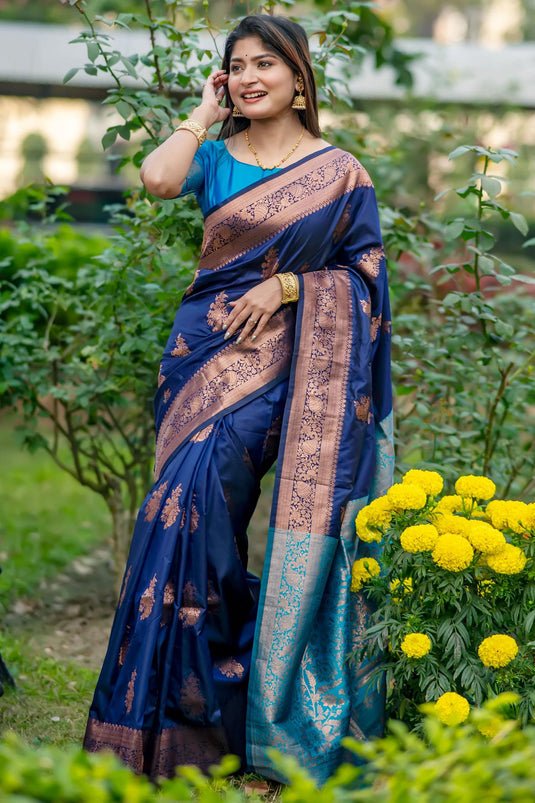 Navy Blue Color Tussar Silk Zari Weaving Rich Pallu Saree