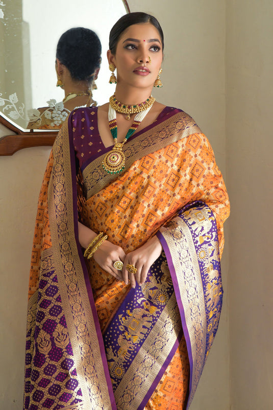 Traditional Banarasi Silk Weaving Work Orange Color Saree