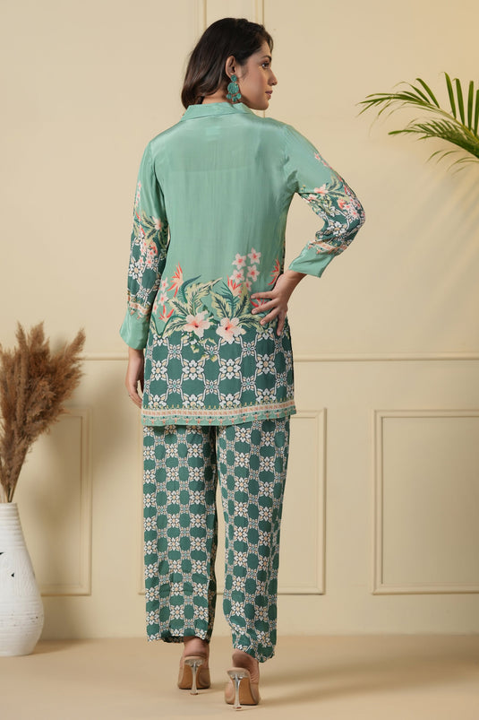 Exclusive Sea Green Color Satin Fabric Festive Wear Printed Readymade Co-Ord Set