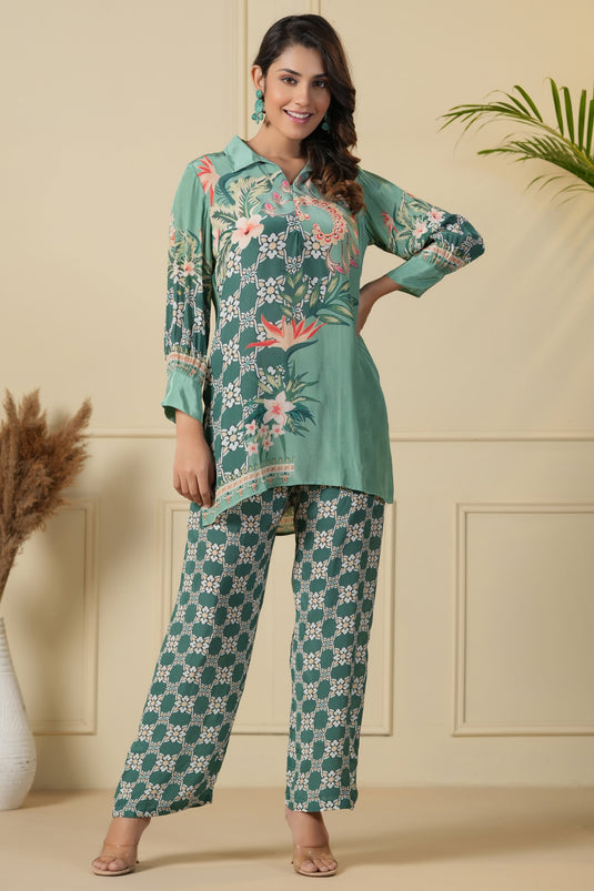 Exclusive Sea Green Color Satin Fabric Festive Wear Printed Readymade Co-Ord Set