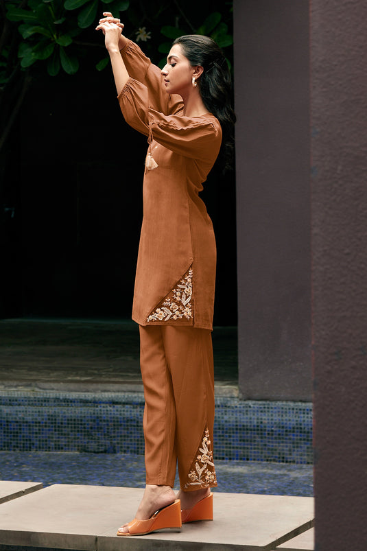 Exclusive Brown Color Viscose Fabric Daily Wear Embroidered Work Readymade Co-Ord Set