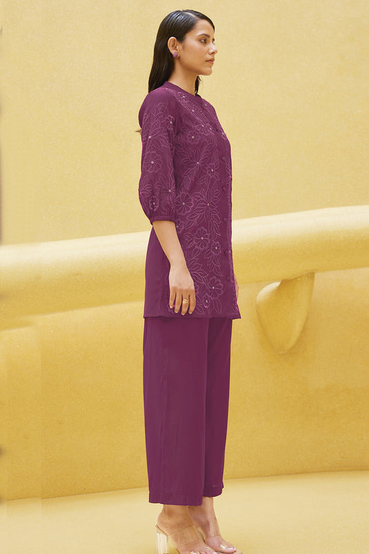 Exclusive Purple Color Viscose Fabric Function Wear Embroidered Work Readymade Co-Ord Set