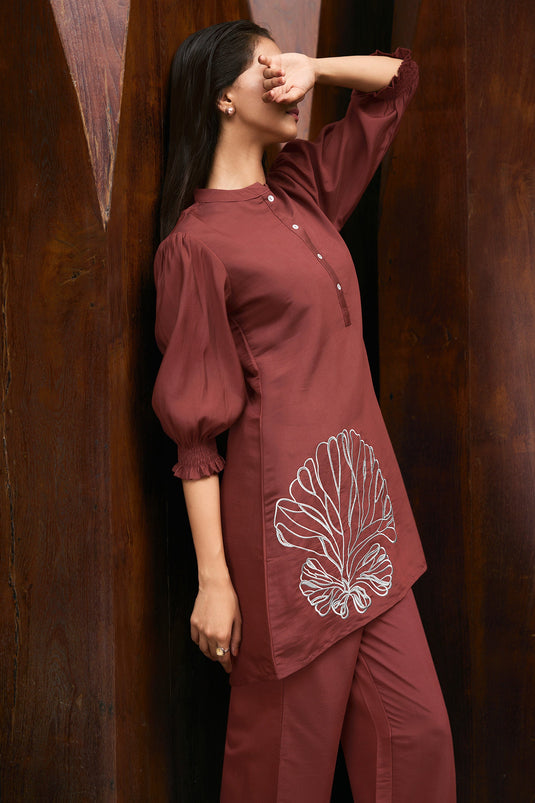 Exclusive Viscose Fabric Daily Wear Embroidered Work Readymade Co-Ord Set In Brown Color