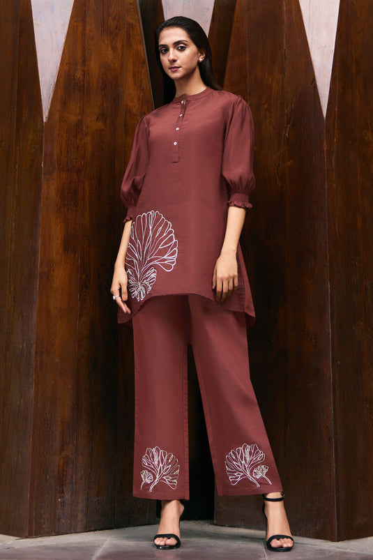Exclusive Viscose Fabric Daily Wear Embroidered Work Readymade Co-Ord Set In Brown Color