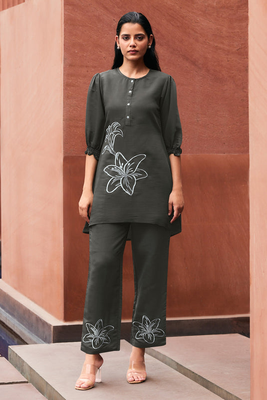 Exclusive Grey Color Viscose Fabric Function Wear Embroidered Work Readymade Co-Ord Set