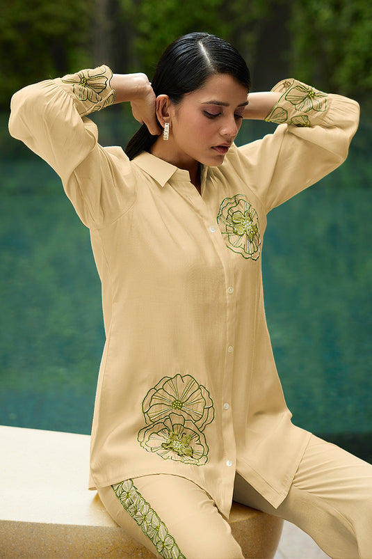 Exclusive Beige Color Viscose Fabric Daily Wear Embroidered Work Readymade Co-Ord Set