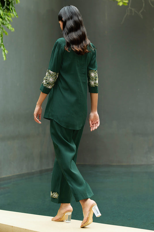 Exclusive Viscose Fabric Festive Wear Embroidered Work Readymade Co-Ord Set In Green Color