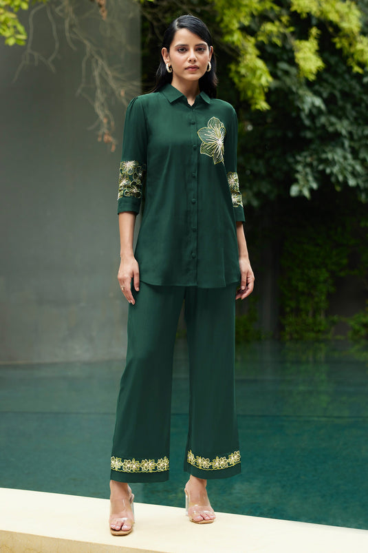 Exclusive Viscose Fabric Festive Wear Embroidered Work Readymade Co-Ord Set In Green Color