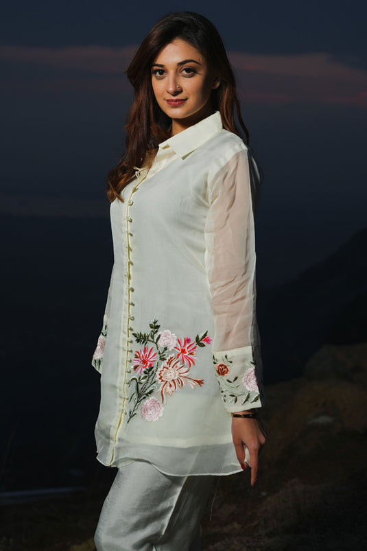Exclusive Off White Georgette Peonies Embroidered Co-Ord Set