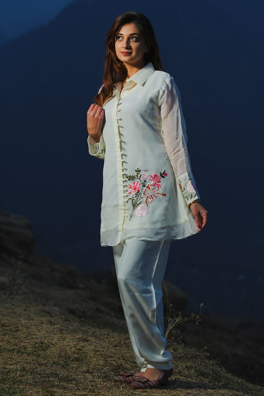 Exclusive Off White Georgette Peonies Embroidered Co-Ord Set