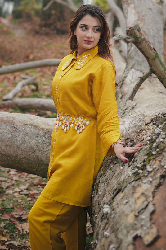 Exclusive Yellow Silk Seashell Embroidered Co-Ord Set