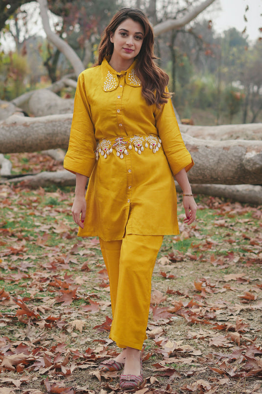 Exclusive Yellow Silk Seashell Embroidered Co-Ord Set