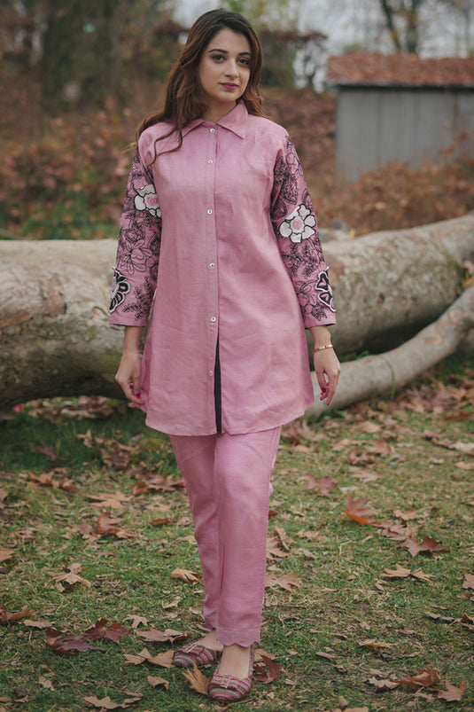 Exclusive Pink Silk Embroidered Applique Co-Ord Set