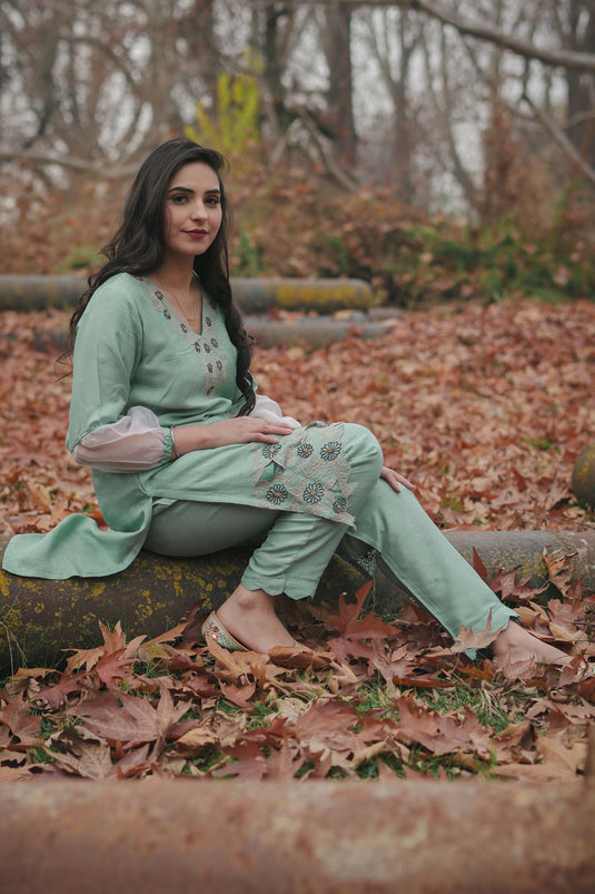 Exclusive Sea Green Silk Embroidered Co-Ord Set