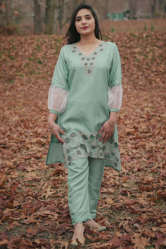 Exclusive Sea Green Silk Embroidered Co-Ord Set