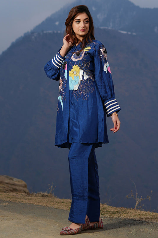 Exclusive Dark Blue Silk Embroidered Co-Ord Set